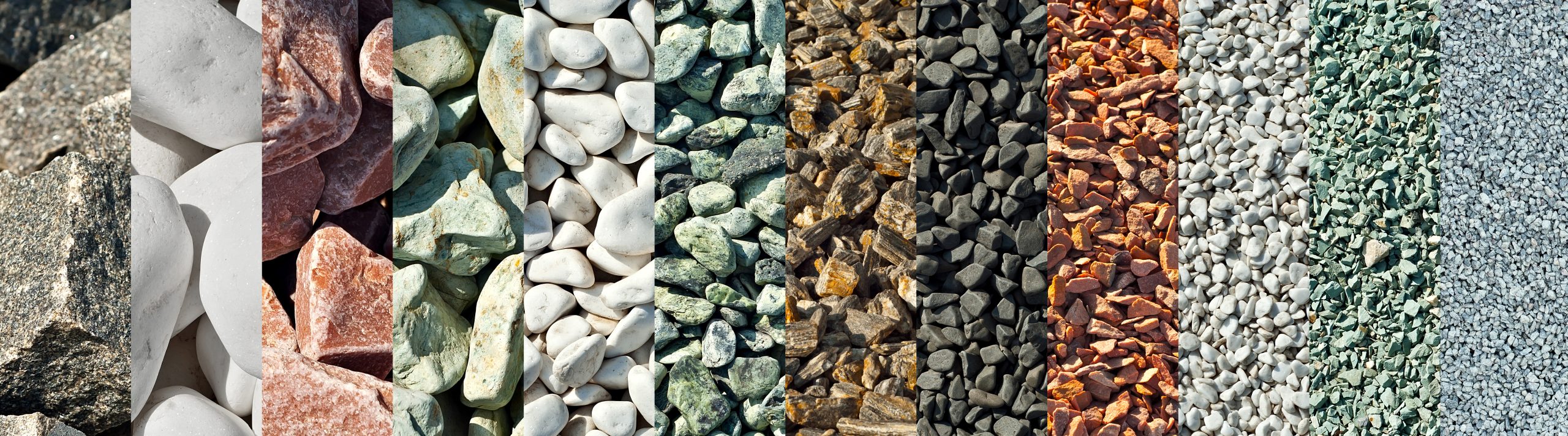 Collage of different types of stones. Decorative stones of different colors and sizes.